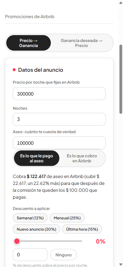 Pantalla para poner el precio por noche, las noches y el aseo