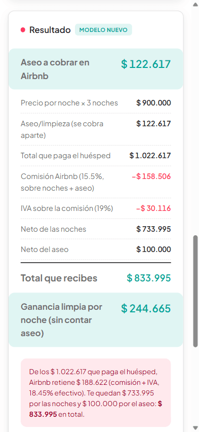 La app mostrando que de $1.022.617 que paga el huésped te llegan $833.995