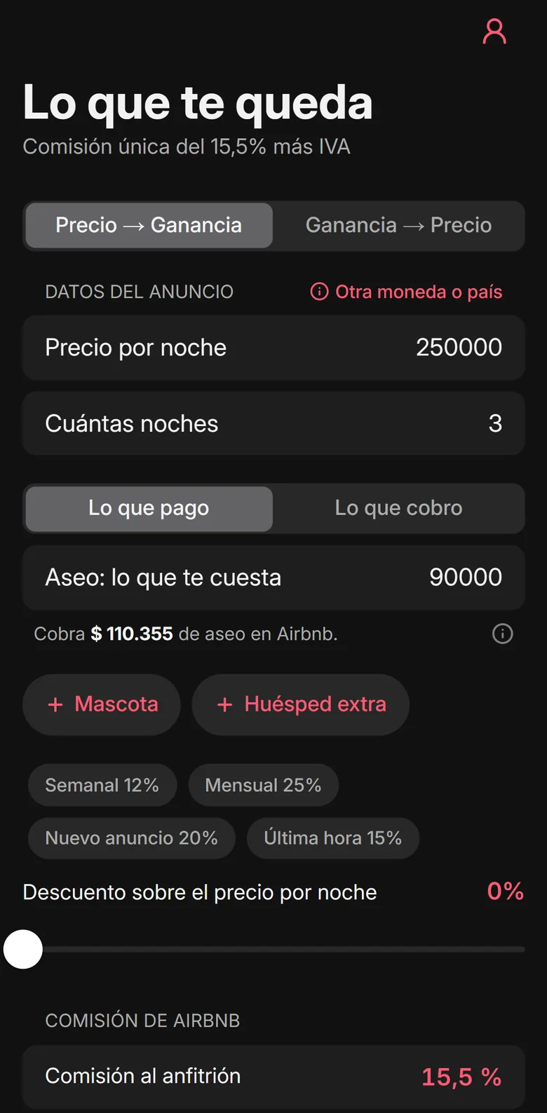 La calculadora con los datos de una reserva: precio por noche, noches y aseo.
